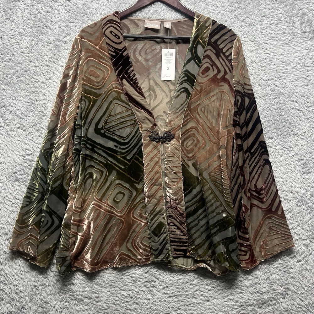 Chicos Velvet Burnout Cardigan Womens‎ 2 US Large Brown Green Ombre Geormetric